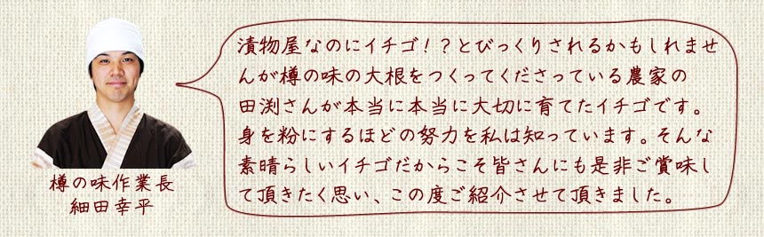 漬物屋なのにイチゴ！？とびっくりされるかもしれませんが樽の味の大根をつくってくださっている農家の
田渕さんが本当に本当に大切に育てたイチゴです。
身を粉にするほどの努力を私は知っています。そんな素晴らしいイチゴだからこそ皆さんにも是非ご賞味して頂きたく思い、この度ご紹介させて頂きました。