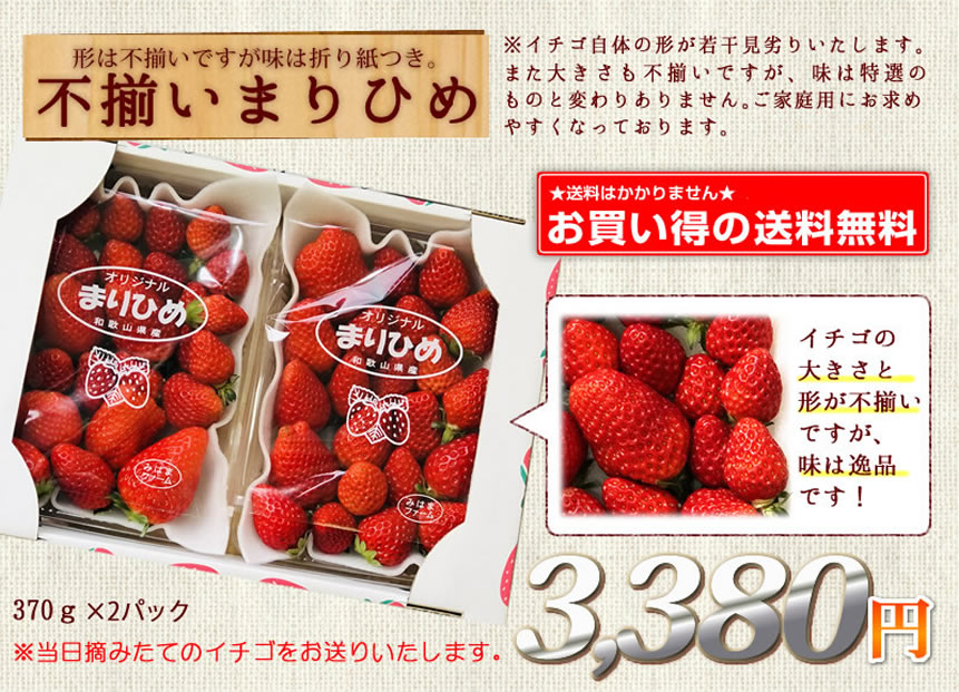 不揃いまりひめ
        ご家庭用に最適！※優品とは松イチゴ自体の形が若干見劣りするものです。
        また大きさも不揃いとなりますが、味は特選のものと変わりありません。
        ご家庭用にお求め安くなっております。