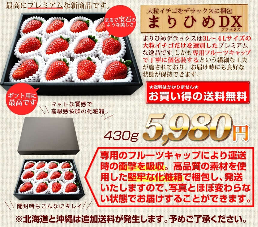 まりひめデラックス
        ギフト用に最高！【専用フルーツキャップでイチゴをガード！最高にプレミアムな逸品です。】