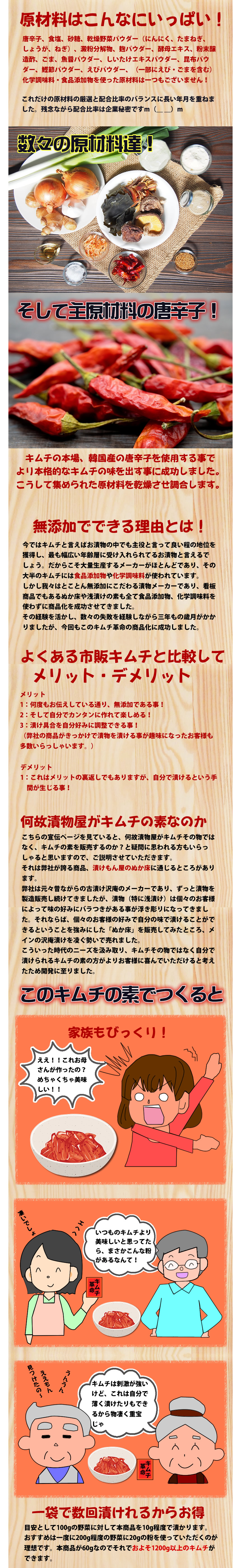 原材料はこんなにいっぱい。唐辛子、食塩、砂糖、乾燥野菜パウダー(にんにく、たまねぎ、しょうが、ねぎ)、でん粉分解物、糀パウダー、酵母エキス、粉末醸造酢、ごま、魚醤パウダー、しいたけエキスパウダー、昆布パウダー、鰹節パウダー、えびパウダー、(一部にえび・ごまを含む)化学調味料・食品添加物を使った原材料は一つもございません。これだけの原材料の厳選と配合比率のバランスに長い年月を重ねました。残念ながら配合比率は企業秘密です。キムチの本場韓国産の唐辛子を使用することで、より本場のキムチの味を出すことに成功しました。こうして集められた原材料を乾燥させ調合します。今ではキムチと言えばお漬物の中でも主役と言っていいほどの地位を獲得し、最も幅広い年齢層に受け入れられているおつけものと言えるでしょう。だからこそ大量生産するメーカーがほとんどであり、その大半のキムチには食品添加物や化学調味料が使われています。しかし我々はとことん無添加にこだわる漬物メーカーであり、看板商品でもある、ぬか床や浅漬の素もすべて食品添加物、化学調味料を使わずに商品化を成功させてきました。その経験を活かし、数々の失敗を経験しながら三年もの歳月がかかりましたが、キムチ革命の商品化に成功しました。