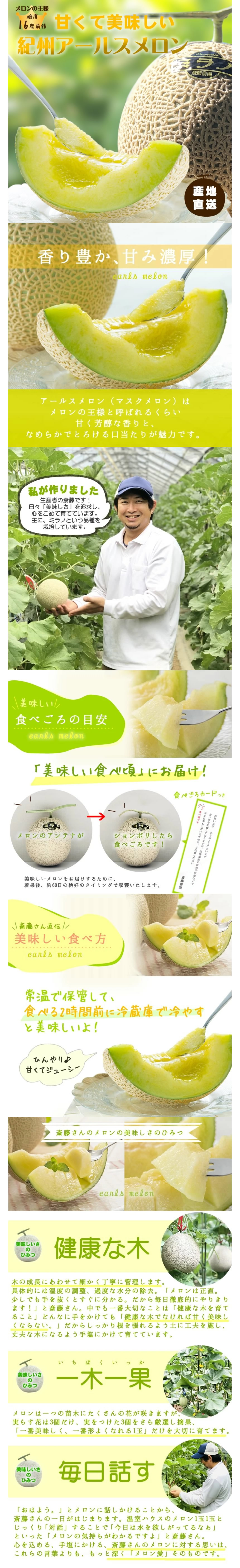 メロンの王様。糖度１６度前後。甘くて美味しい紀州アールスメロン。産地直送。香り豊か、甘み濃厚！アールスメロン（マスクメロン）はメロンの王様と呼ばれるぐらい甘く芳醇な香りと、なめらかでとろける口当たりが魅力です。私が作りました。生産者の斎藤です！日々「美味しさ」を追求し、心を込めて育てています。主にミラノという品種を栽培しています。美味しい食べ頃の目安。「美味しい食べ頃」にお届け！メロンのアンテナがしょんぼりしたら食べ頃です。食べ頃カード付き。美味しいメロンをお届けするために、着果後、約６０日の絶妙のタイミングで収穫致します。斎藤さん直伝。美味しい食べ方。常温で保管して、食べる2時間前に冷蔵庫で冷やすと美味しいよ！ひんやりジューシー。斉藤さんのメロンの美味しさのひみつ。健康な木。木の成長に合わせて細かく丁寧に管理します。具体的には湿度の調整、過度な水分の除去。「メロンは正直。少しでも手を抜くとすぐに分かる。だから毎日徹底的にやり切ります！」と斎藤さん。中でも一番大切なことは「健康な木を育てること」どんなに手をかけても「健康な木でなければ甘く美味しくならない。」だからしっかり根を張れるよう土に工夫を施し、丈夫な木になるよう手塩にかけて育てています。一木一果メロンは一つの苗木にたくさんの花が咲きますが、実らす花は3個だけ、身をつけた3個を更に厳選し摘果、「一番美味しく、一番形良くなれる1玉」だけを大切に育てます。毎日話す。「おはよう。」とメロンに話しかけることから、斉藤さんの一日が始まります。温室ハウスのメロン1玉1玉とじっくり「対話」することで「今日は水をほしがってるなあ」といった「メロンの気持ちがわかるのですよ」と斉藤さん。こころを込める、手塩にかける。斎藤さんのメロンに対する思いは、これらの言葉よりも、もっと深く「メロン愛」そのものです。