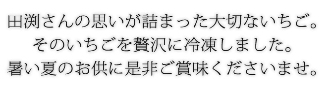 田渕さんの思いが詰まった大切ないちご。そのいちごを贅沢に冷凍しました。
暑い夏のお供に是非ご賞味くださいませ。