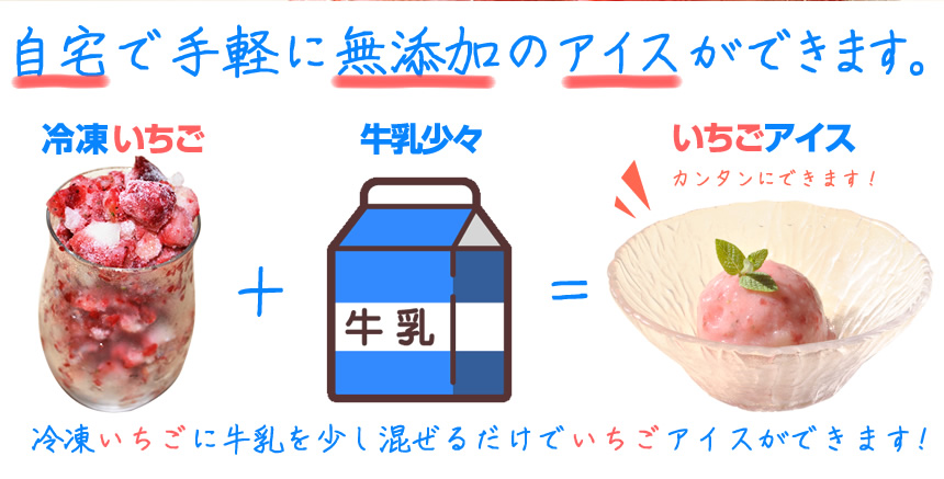 冷凍いちごに牛乳を少し混ぜるだけでいちごアイスができます！